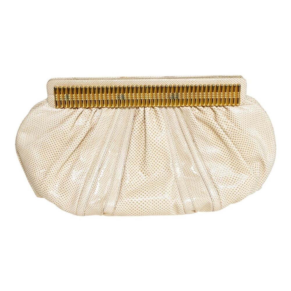 Judith Leiber Vintage 80s nLizard Pleated Clutch Bag Gold Frame